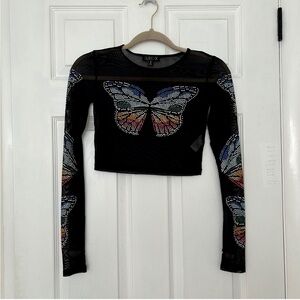 Club Exx Mesh Rhinestone Butterfly Top